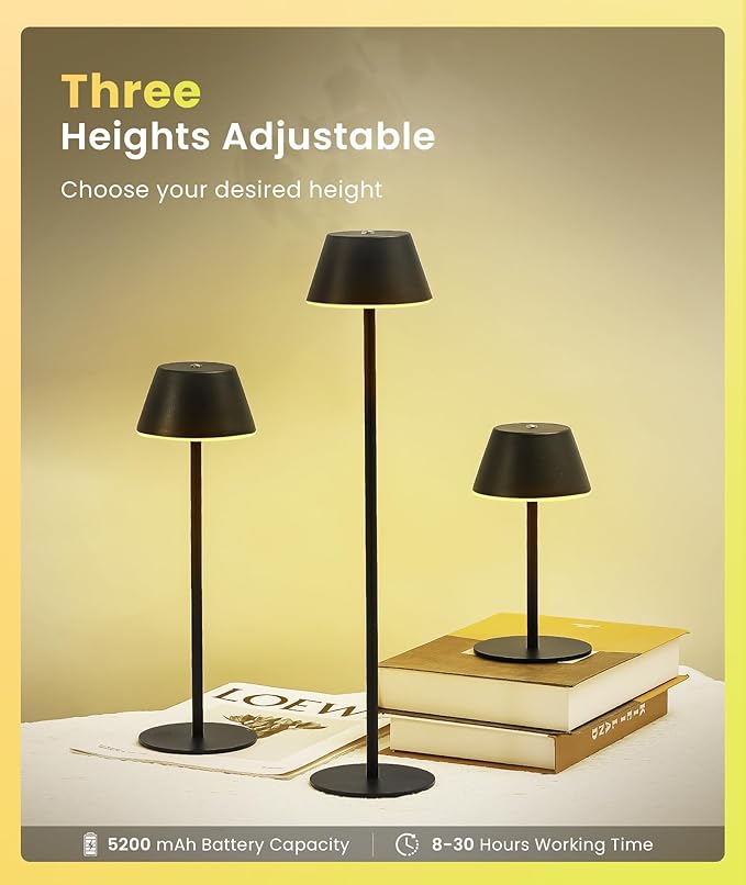LOFTEK Cordless Table Lamp, 5200mAh Battery, 3 Adjustable Height, 3 Colors Smooth Dimming, Outdoor LED Light Waterproof for Dining Room, Bedroom, Bar, Restaurant, Patio, Camping (Black)