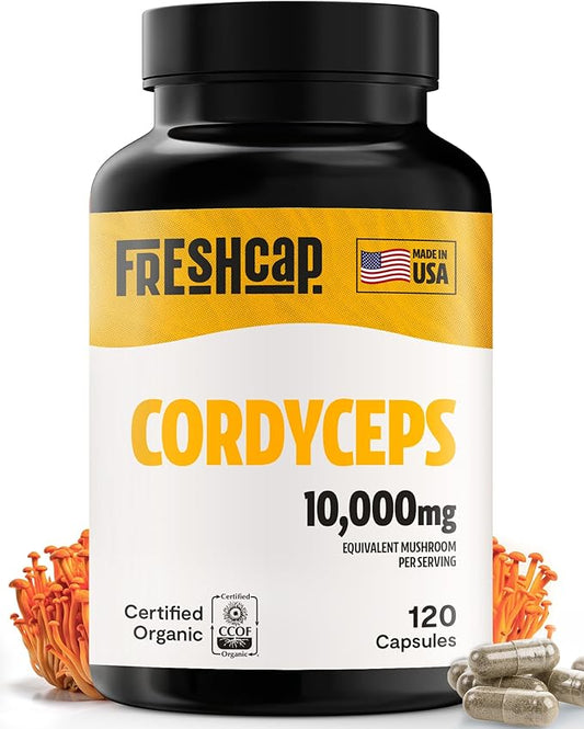 FreshCap Mushrooms Cordyceps Mushroom Capsules 10,000mg - Mushroom Extract, Energy Supplements, Ayurveda Nootropic Mushroom Supplements (120 Capsules)