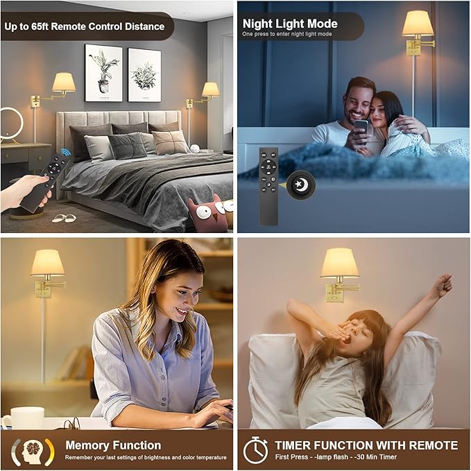 TRLIFE Dimmable Wall Sconce, Remote Control Dimming 10-100% and Adjustable Color Temperature 2700K-6500K Brushed Brass Swing Arm Wall Lights with Plug in Cord, 9.4" Medium White Shade(2 Pack, 2 Bulbs)