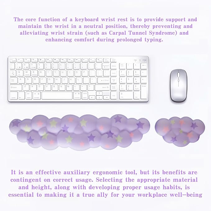Cloud Wrist Rest Set for Keyboard and Mouse, Includes Cute Coaster, with Computers and Laptops (Light Purple Colorful Star Set)