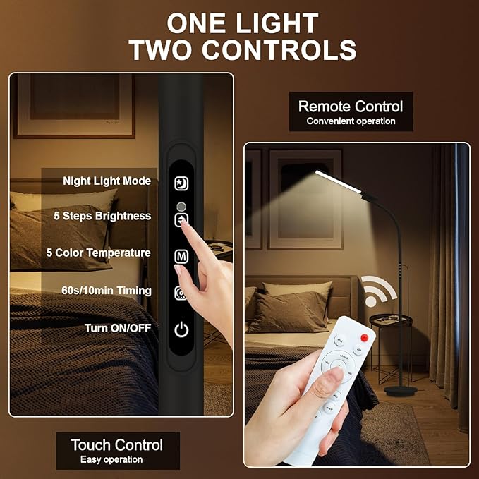 Happy Lamp,10000 Lux Sun Light, Floor Daylight Lamp with Remote & Touch Control & Adjustable Gooseneck for Reading/Office/Home (Black)