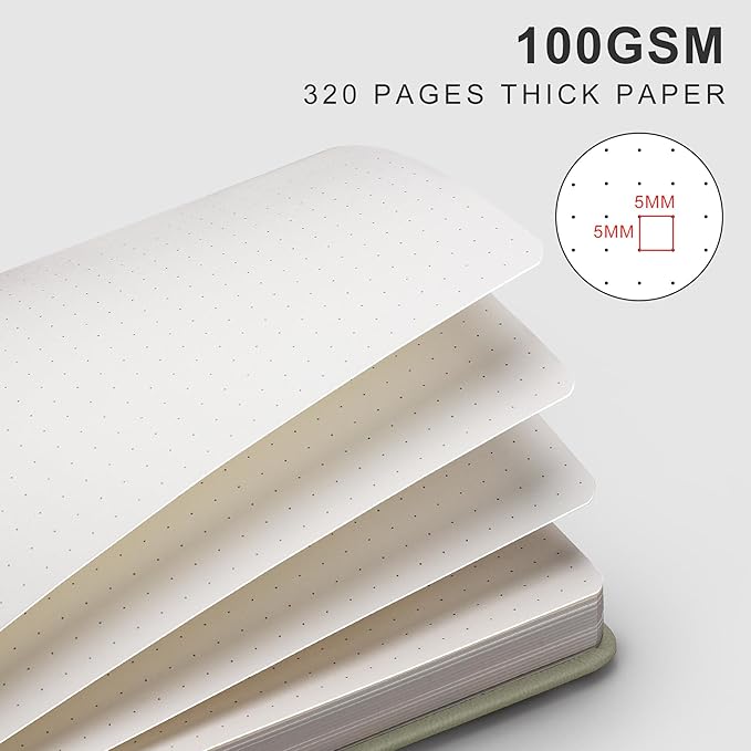 EMSHO A5 Hardcover Leather Dotted Journal - 320 Page Dot Grid Notebook for Women & Men, 100GSM Thick Paper, Ideal for Bullet Journaling, Work Notes, Sketching, Diary, School & Travel-Light green
