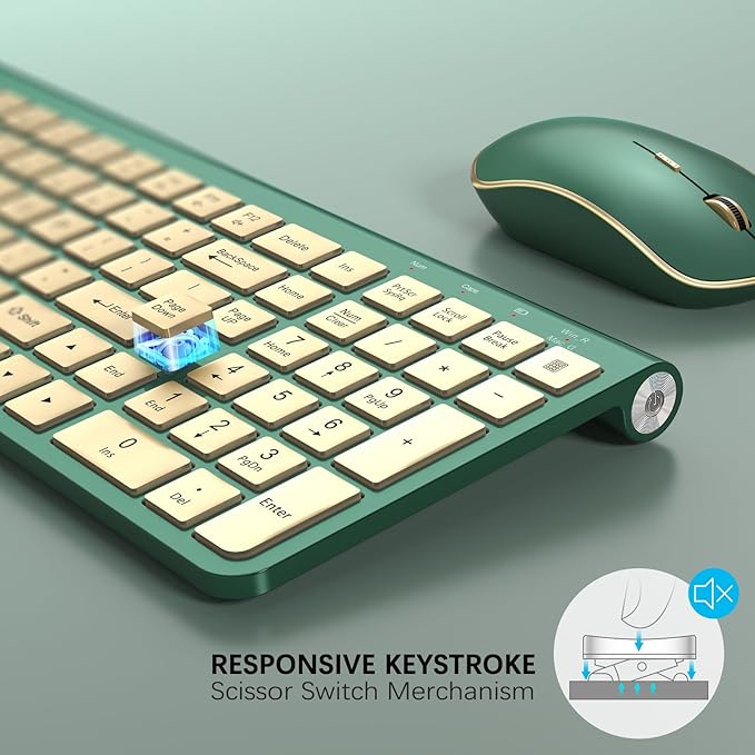 JOYACCESS Wireless Keyboard and Mouse Combo,2.4G Ergonomic Typewriter Keyboard with Type-C Receiver and Adjustable Tilt for Computer, Windows,Desktop, PC, Laptop-Cangling Green
