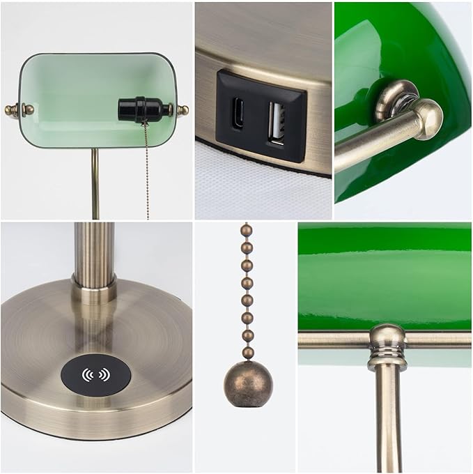 FIRVRE Glass Bankers Desk Lamp with Wireless Charger, 2 USB Charging Port, Vintage Desk Lamp with Pull Chain Switch, Retro Table Lamps for Home Office, Piano, Library (Bulb Included)