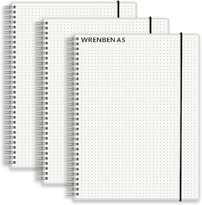 Bullet Journal Dotted Spiral Notebooks with 120 GSM Thick Paper, Elastic Band and Waterproof Cover, Total 480 Pages, 5.7''×8.3'' Medium Size Dot Paper Note Book for Work School (3 Pack, A5)