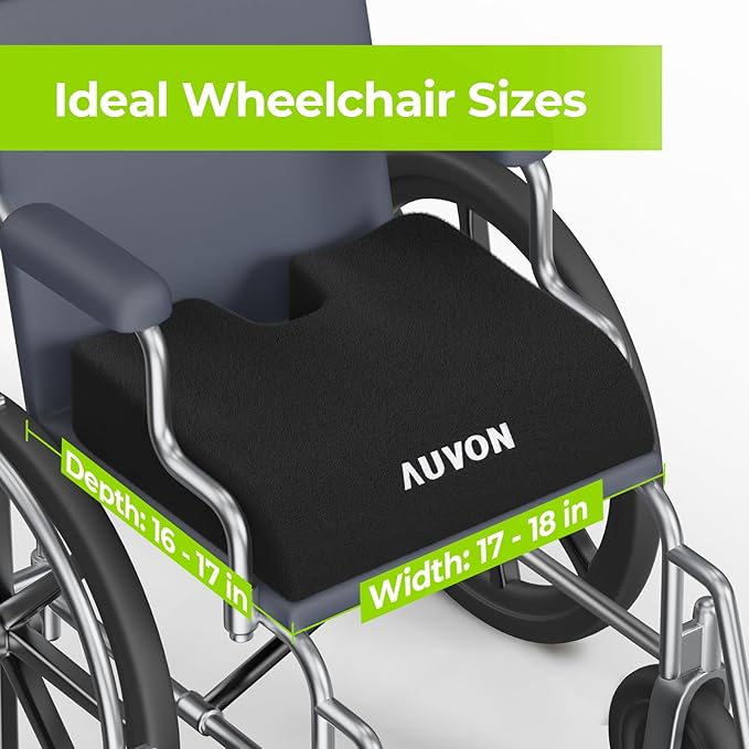 AUVON Wheelchair Seat Cushions (18"x16"x3") for Sciatica, Back, Coccyx, Pressure Sore and Ulcer Pain Relief, Memory Foam Pressure Relief Cushion with Removable Strap, Breathable & Waterproof Fabric