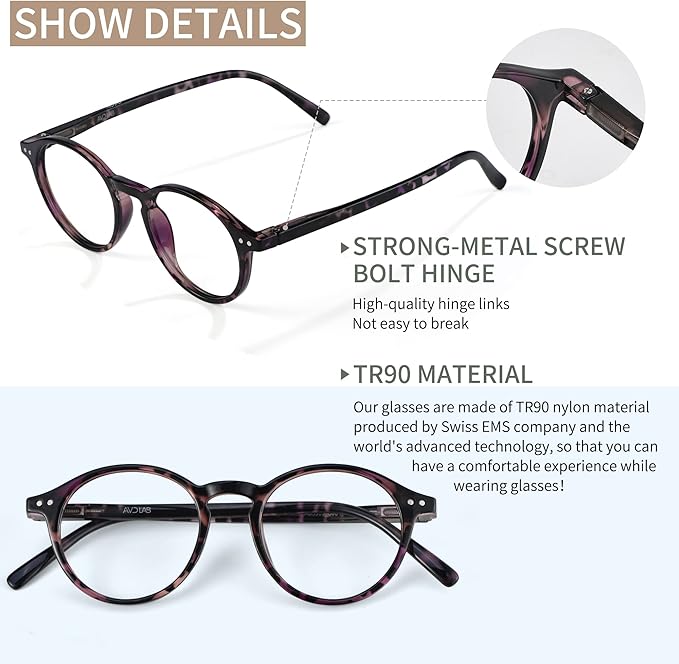 Blue Light Blocking Glasses Round Retro Computer Gaming Glasses Women Men UV Protection AB3303 (Black/Purple tortoise)