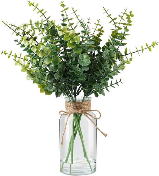 Fake Plants Eucalyptus Stems in Glass Vase with Faux Water, Artificial Plants Eucalyptus Leaves for Shelf Desk Bathroom Farmhouse Coffee Table Home Decor