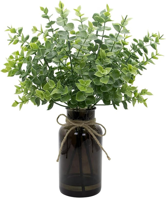 Fake Eucalyptus Stems in Black Glass Vase with Faux Water,14" Artificial Plants Eucalyptus Leaves for Home Office, Farmhouse and Wedding Centerpieces（Green）