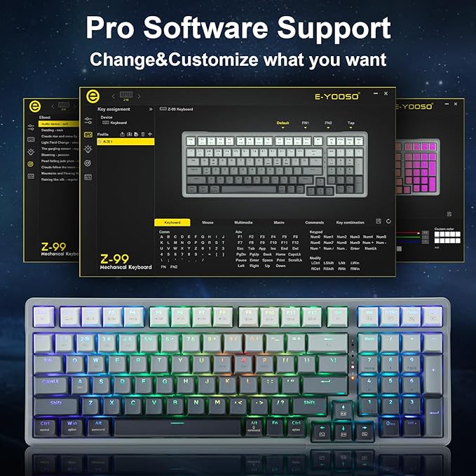 HUO JI E-YOOSO Wireless Mechanical Keyboard, Hot Swappable, Pre-lubed Blue Switches, Gasket Structure, Bluetooth/2.4GHz/USB-C, RGB Backlit,PBT Keycap Custom Gaming Keyboard for PC (Gray)