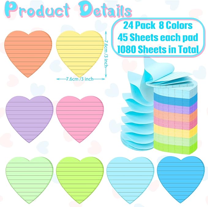 Teling 24 Pcs Heart Shape Lined Sticky Notes Cute Sticky Notes Bright Colorful Sticking Power Memo Pads Red Heart Self Notepads for Office School 3x3 Inch(Light Colors)