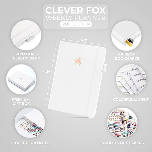 Clever Fox Planner 2nd Edition – Colorful Weekly & Monthly Goal Planner, Time Management & Productivity Organizer, Undated, A5 (White)