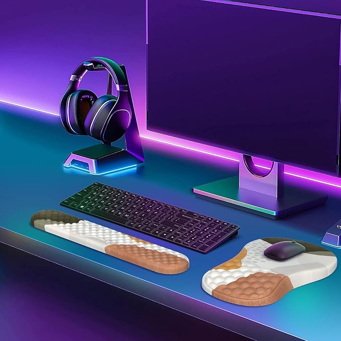 HAOCOO Ergonomic Mouse Pad with Wrist Rest and Keyboard Wrist Rest, 3 PCS Computer Carpal Tunnel Mouse Pads for Desk with Coaster Set, Memory Foam Keyboard Wrist Support for Laptop Office, Boho Beige