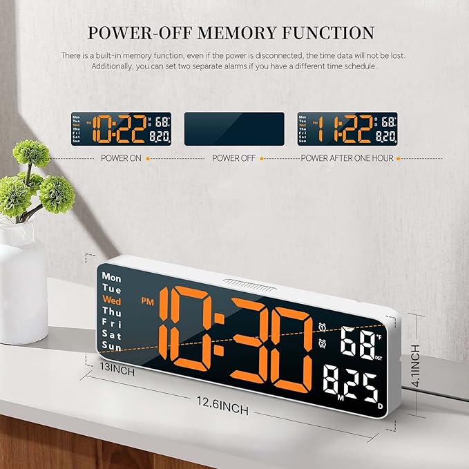 Digital Clock, Digital Wall Clock for Living Room Decor, Desk Alarm Clock for Bedroom, Large Wall Clock with Remote Control, Automatic Brightness Dimmer LED Clock with Date Temperature Week (Orange-W)