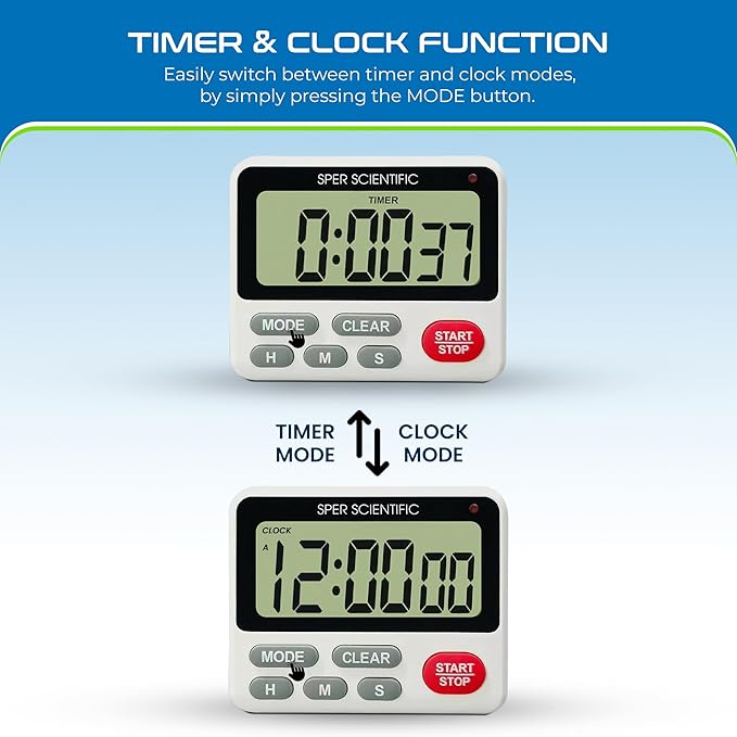 Sper Scientific 24-Hour Digital Lab + Kitchen Timer with LED Light 810001 - Precision Countdown Timer with Large Display, Loud Alarm & Clock Mode - for Cooking, Lab Experiments & More - 2 pc