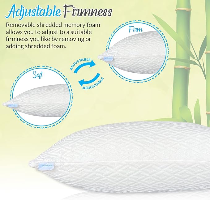 King Size Rayon Derived from Bamboo Pillows, Cooling Shredded Memory Foam Bed Pillow Sets for Side, Back, Stomach Sleepers, Adjustable, Washable Cover, King (Pack of 1)