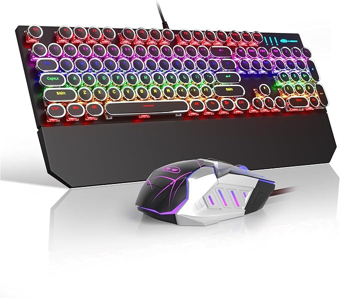 Retro Typewriter Keyboard and Mouse Combo, Cute Black Keyboard with Linear Red Switches, Full Size Wired Mechanical Gaming Keyboard, Cool Light Up Keyboard and Mouse for Gaming,Work,Mac,PC,Windows