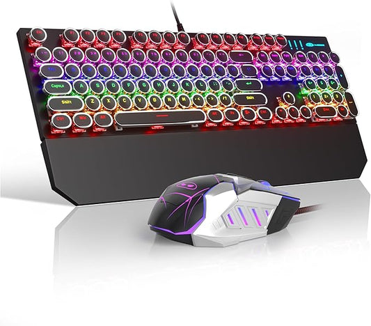 Retro Typewriter Keyboard and Mouse Combo, Cute Black Keyboard with Linear Red Switches, Full Size Wired Mechanical Gaming Keyboard, Cool Light Up Keyboard and Mouse for Gaming,Work,Mac,PC,Windows