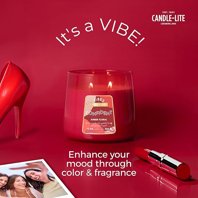 Candle-Lite Vibes Amber Floral Mood-Enhancing Scented Candles, 15 oz Jar, Aromatherapy, Proudly Poured in The USA, 2-Wick, 86 Hours Burn Time, Perfect Relaxation Gift