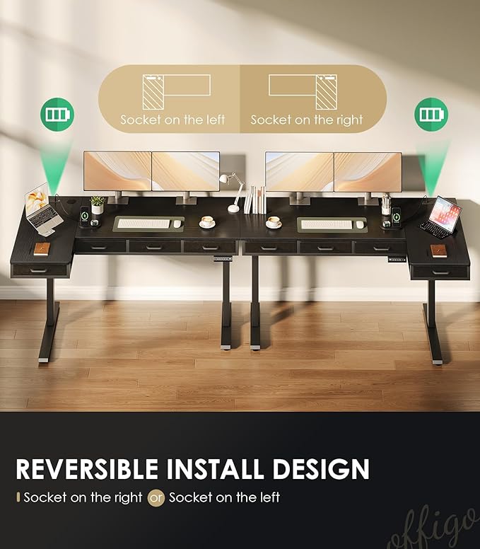 OffiGo 63 Inch L Shaped Electric Standing Desk with Drawers, Height Adjustable Large Desk with Power Outlets, Sit Stand Table, Writing Computer Desk for Home, Office, Workstation, Black
