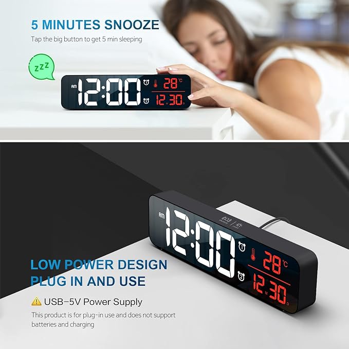 Digital Clock, Clock for Bedroom, Digital Wall Clock, Clocks for Living Room Decor, Desk Clock, Table Clock, Digital Clock Large Display, Smart Alarm Clock for Office Red (Wired Black+Red Digit)