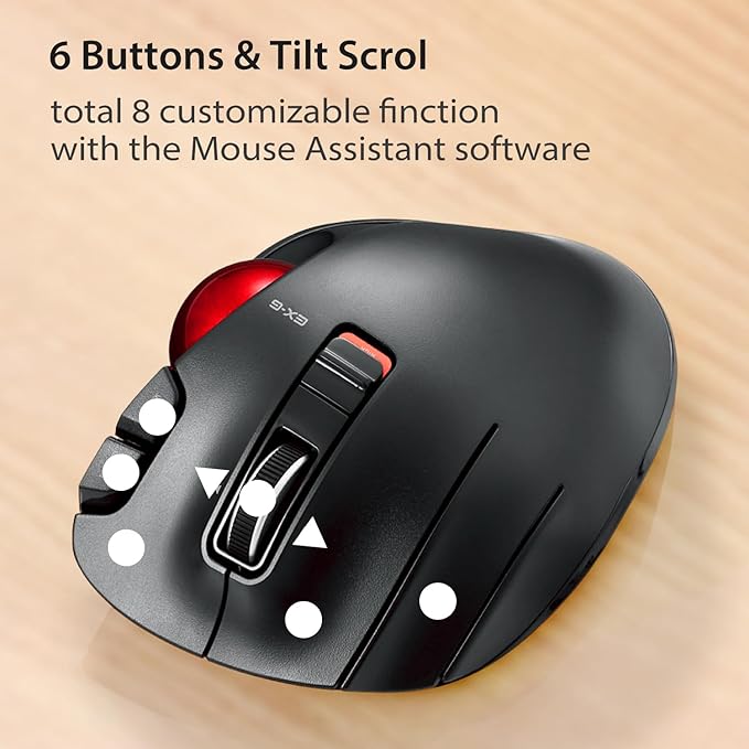 ELECOM EX-G Left Handed Trackball Mouse, 2.4 GHz USB Wireless, Ergonomic, Thumb Control, Tracking Roller Ball, 6 Programmable Buttons, Tilt Scroll