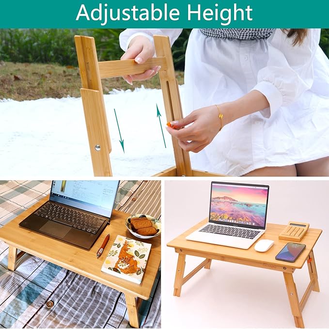 Lap Desk for Bed, COIWAI Bamboo Bed Table tary, Laptop Desk Table, Foldable Floor Tray Bed Desk,Adjustable Height, Portable Foldable Picnic Desk,Serving Breakfast Tea Coffee in Bed Couch Floor
