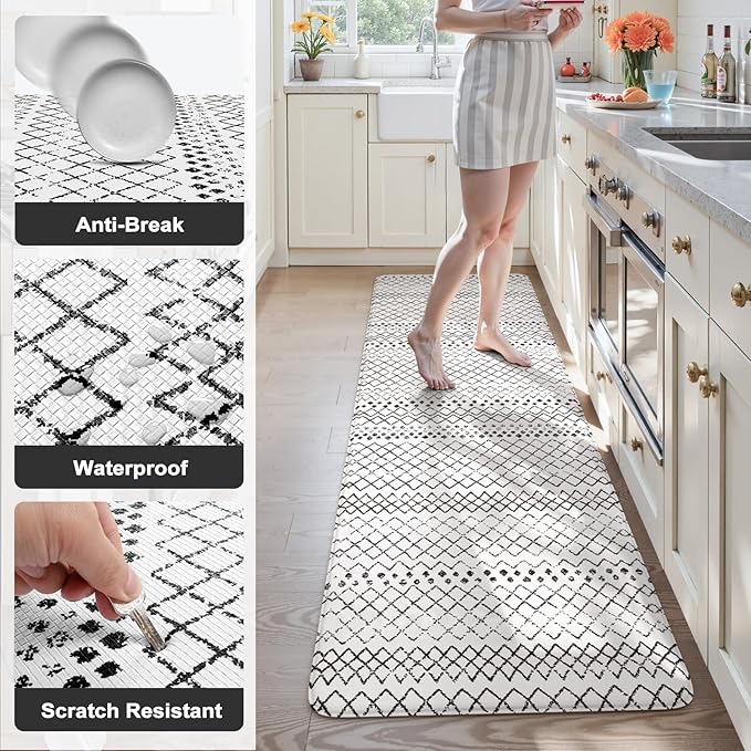 KIMODE Anti Fatigue Kitchen Mats, Padded Kitchen Floor Mats 24"x71", Boho Farmhouse Kitchen Runner Rugs, Black and White Rugs for Kitchen Floor, Cushioned Standing Mat for Laundry Office Sink Desk