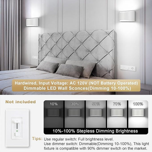 TRLIFE Dimmable Wall Sconces, 3000K/4000K/6000K Selectable Modern Wall Sconce 12W LED Aluminum Wall Mounted Light Set of 2 Hardwired Wall Lights for Bedroom Bedside Living Room Stairway (White, 2P)