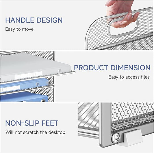 Lavatino 4-Tier Paper Organizer Trays - Silver Mesh File Folder Sorter with Handles, Desk Letter Holder Organizer for Office, Home, School Supplies Storage & Organization