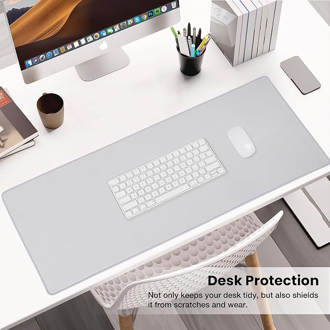 ALOANES Silvery Waterproof Desk Mat, Large Extended Mouse Mat, Office Desk Protector with Anti-Slip Base, Stitched Edge, Grain Jacquard Surface,Perfect for Gamer,Office&Home,XL(11.81''x27.56''x0.12'')