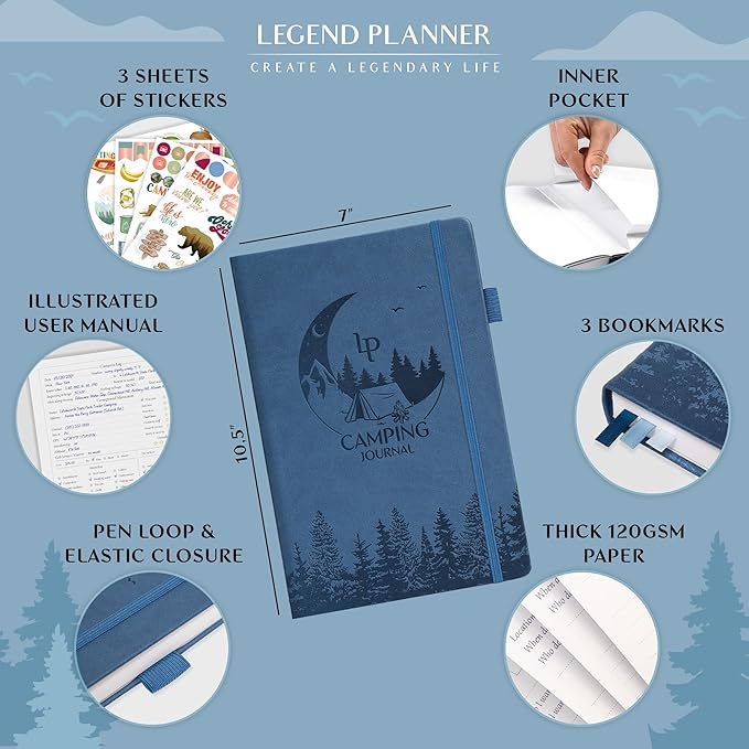 Legend Camping Journal – Hardcover Camper & RV Trip Planner – Notebook to Plan Travel & Camp Adventures with Packing Checklist, Meal Plan & Camping Bucket List – 30 Trips, 7" x 10" (Smoke Blue)