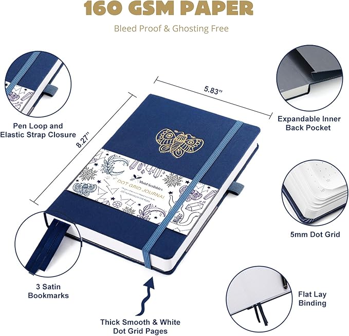 Dotted Journal – 160gsm Bleed Proof Thick White Paper – 200 Numbered Dot Grid Pages – 5.8 x 8.3 inch Bullet Dotted Notebook