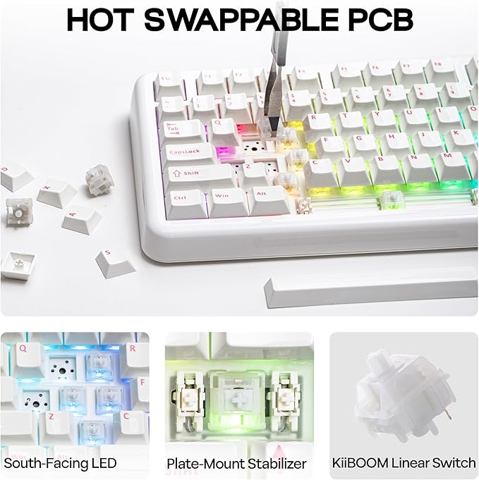 KiiBoom Phantom81 Lite 75% Gasket Mechanical Keyboard, QMK&VIA Programmable, 3 Modes Wireless Gaming Keyboard, RGB Backlights, ABS Case + UV Tech, Hot-Swappable for Windows/Mac/Linux (White)