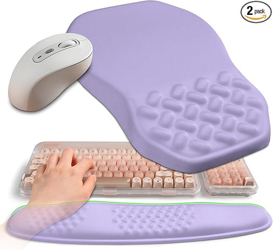 2-in-1 Ergonomic Set, Wave Keyboard Wrist Rest and Massage Slope Mouse Pad Wrist Support, Rebound Memory Foam for Relieve Carpal Tunnel Syndrome and Wrist Pain (Lavender Purple)