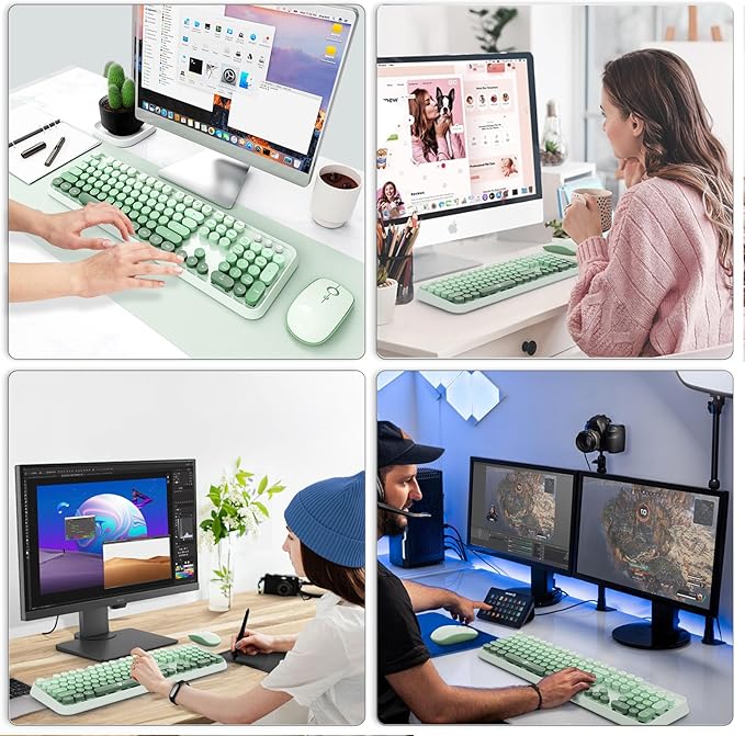 Wireless Keyboard Mouse Combo,104 Round Keys Cute Colorful Keyboard Retro Typewriter Style,Letton Full Size Keyboard with Number Pad&Mouse with 3 DPI for PC Mac Laptop Computer Windows-Green