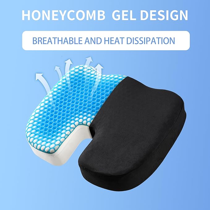 Seat Cushion for Office Chair, Gel & Memory Foam Chair Cushion, Sciatica & Coccyx Pain Relief Cushion for Long Sitting Office Workers, Car Drivers