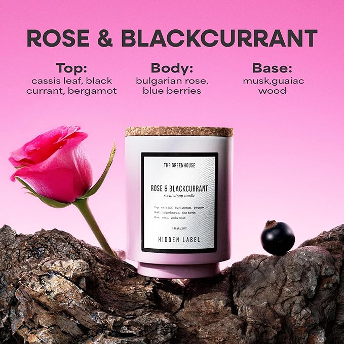 Hidden Label Rose & Blackcurrant Soy Candles, 12oz/75-Hour Burn Time, 100% Natural Soy Wax, Aromatherapy Candle for Stress Relief, Meditation, Yoga & Relaxation