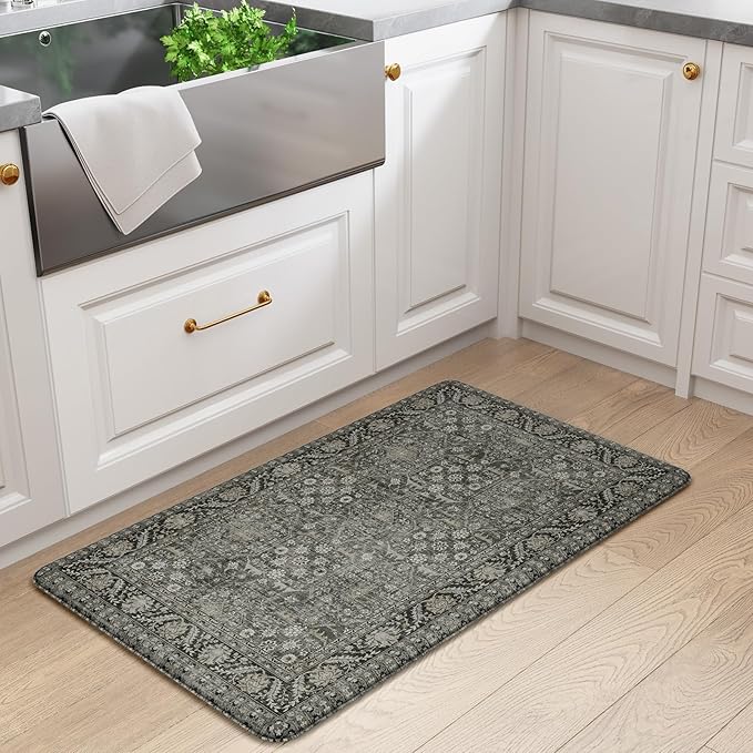 KIMODE Anti Fatigue Kitchen Mat, 20"x32" Cushioned Kitchen Rug, Non Slip Waterproof Kitchen Floor Mat, Boho Comfort Standing Mat for Laundry Office Sink Desk Green/Grey