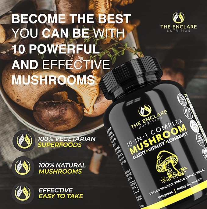 THE ENCLARE NUTRITION Mushroom Supplement 10in1 Complex Immune Support Lions Mane, Reishi, Turkey Tail, Cordyceps, Chaga, Maitake, Shiitake, Agaricus: Nootropic Brain, Energy Booster (1)