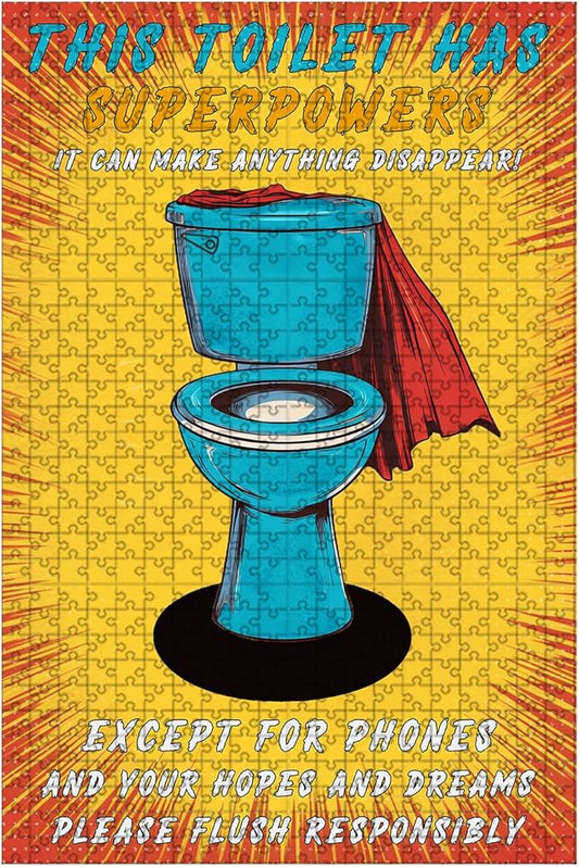 500 Piece Wooden Jigsaw Puzzle Toilet Superpowers for Adults Kids Challenging Educational Game Stress Relief Time Killing Focus Tool for Home Bar Decor & Friends Gatherings 20.4x15 Inch