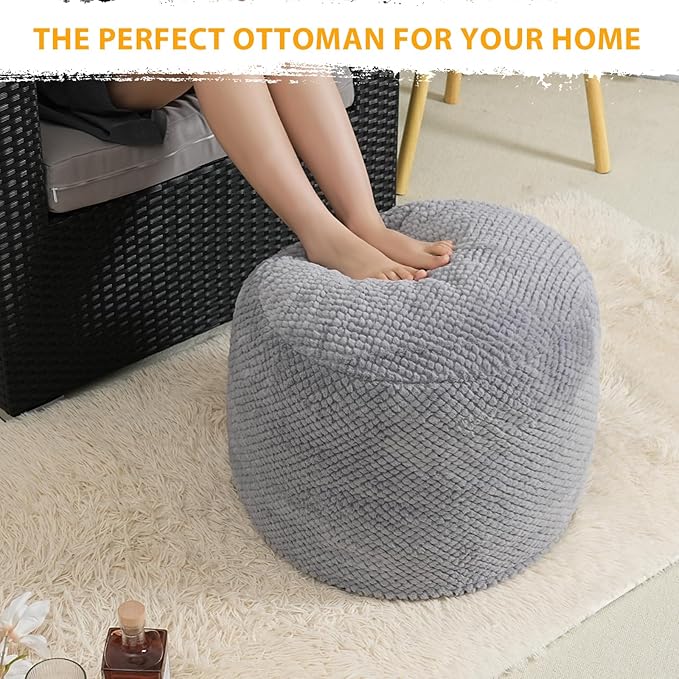 Round Stuffed Pouf Ottoman for Foot Rest, Faux Fur Poufs with Foam Chunk Filling, Storage Ottoman Pouf Foot Stool Cushion Poufs, 20 X 15 Inch Floor Chair for Living Room Bedroom Home Decor, Gray