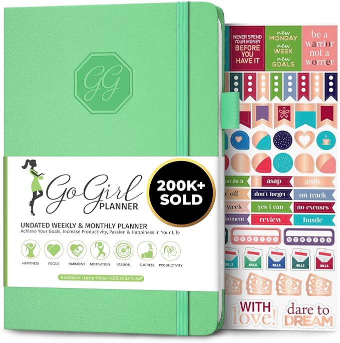 GoGirl Planner and Organizer for Women – A5 Size Weekly Planner, Goals Journal & Agenda to Improve Time Management, Productivity & Live Happier. Undated – Start Anytime, Lasts 1 Year – Mint Green