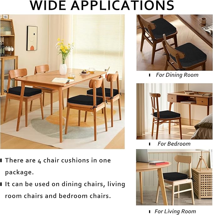 ELFJOY Chair Cushions for Dining Chairs Kitchen Chair Cushions U Shape Non Slip Chair Pads Set of 4 Seat Cushions with Ties Indoor 16.7" x 16" Black