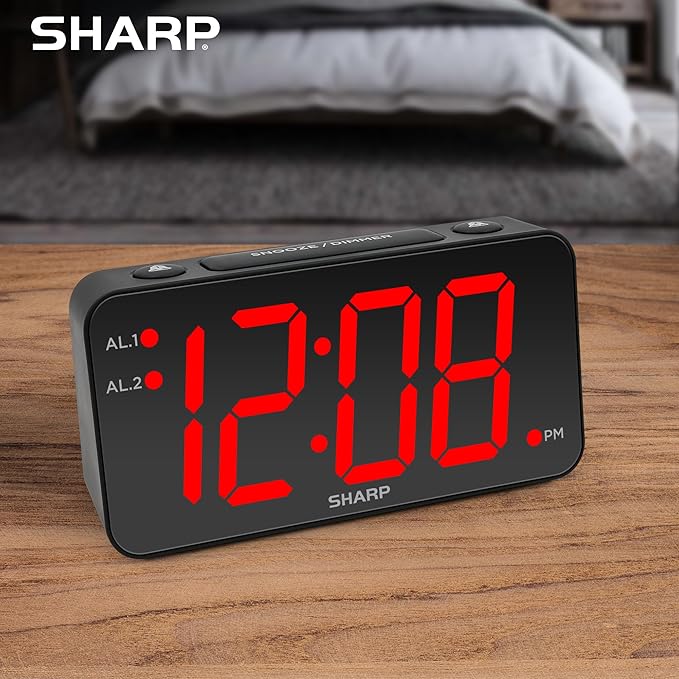 Sharp Digital Alarm Clock with Jumbo Numbers, Easy to See Large Numbers from Across Room with Simple Operation, Battery Back-up, Black Case with Red LED Display
