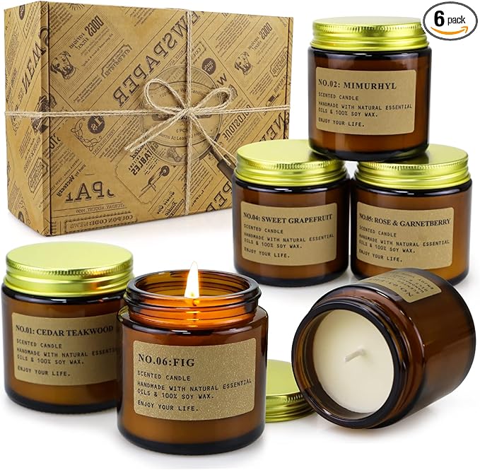 6 Pack Candles for Home Scented, Aromatherapy Candles Gifts for Women, Natural Soy Wax Long Lasting Amber Jar Candles Set for Men, Gifts for Birthday, Valentine's, Mother's, Anniversary, Christmas