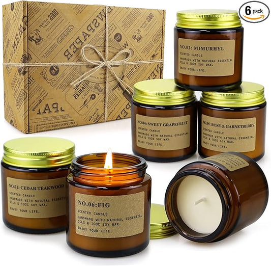 6 Pack Candles for Home Scented, Aromatherapy Candles Gifts for Women, Natural Soy Wax Long Lasting Amber Jar Candles Set for Men, Gifts for Birthday, Valentine's, Mother's, Anniversary, Christmas