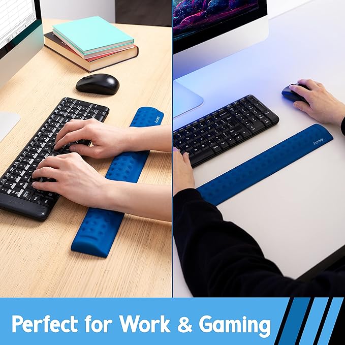 i-Rocks Ergonomic Memory Foam Keyboard Wrist Rest - Pain-Reducing, Cooling, Non-Slip, Blue, Minimalist