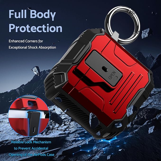 DASFOND Armor Cover AirPods 2nd & 1st Generation Case, Military Grade Full Body Shockproof Protection Hard Case, Support Wireless Charging with Keychain, Magnetic Lid, Front LED Visible, Red