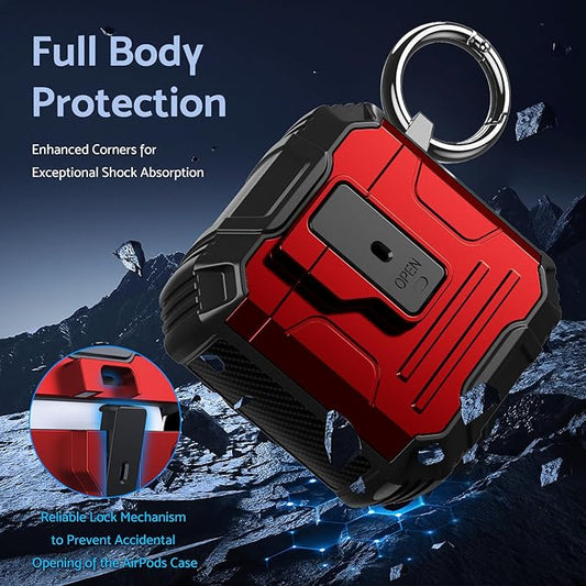 DASFOND Armor Cover AirPods 2nd & 1st Generation Case, Military Grade Full Body Shockproof Protection Hard Case, Support Wireless Charging with Keychain, Magnetic Lid, Front LED Visible, Red